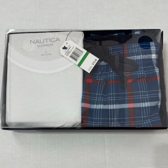 Nautica Sz L Men's PJ Set White Blue Multi Crew Neck Cozy Pants - Picture 4 of 12